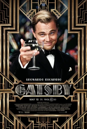 Promotional poster for The Great Gatsby film featuring Leonardo DiCaprio holding a wine glass and smiling. Art Deco gold frame.