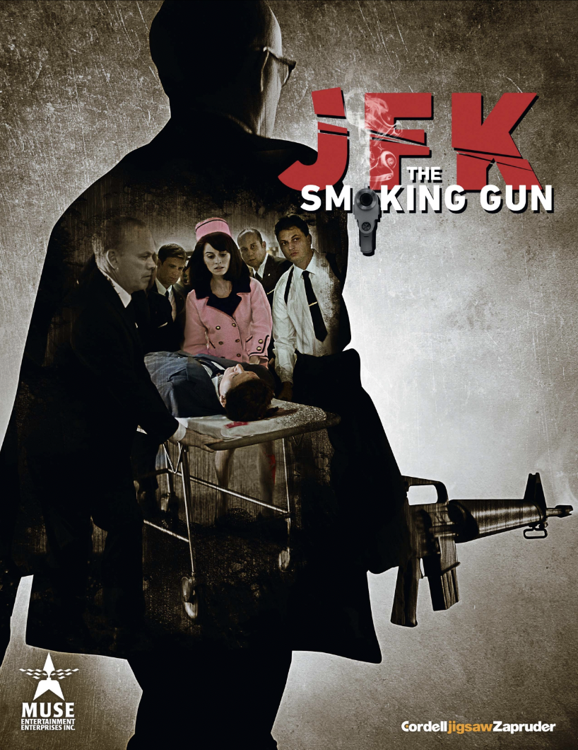 Composite image: JFK graphic with smoking gun, shadowy figure, surgical cart, and concerned onlookers, creating a somber tone.