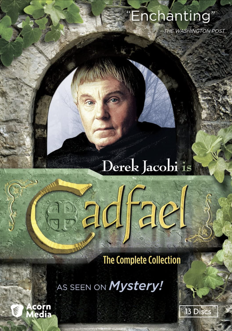 Movie poster featuring actor Derek Jacobi as Cadfael, set in an arched window with green ivy, promoting 'The Complete Collection' mystery series.