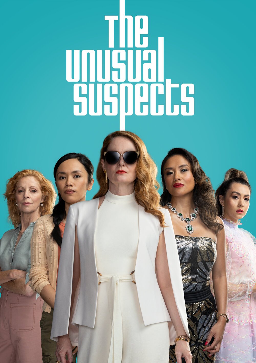 Group of five stylish women on The Unusual Suspects movie poster, wearing elegant dresses and formal attire, against a teal background.