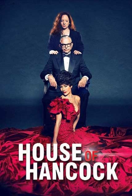 Movie poster featuring a woman in a red dress, a man in a suit, and a woman standing behind him, promoting 'House of Hancock.'