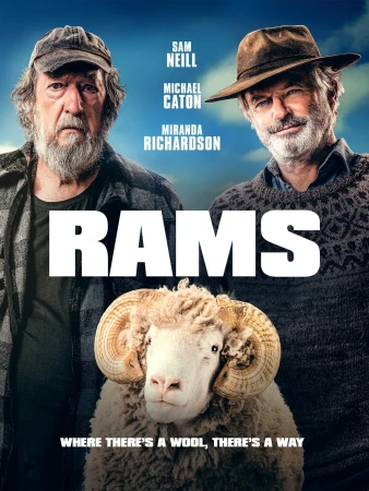 Movie poster featuring actors Sam Neill and Michael Caton flanking a ram, set against a blue sky backdrop. Text includes actor names and film title.