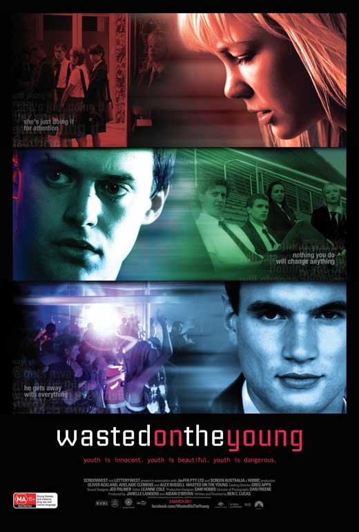 Movie poster montage shows a blond woman, two men's faces, and a crowd scene against a dark background for the film 'Wasted on the Young.'