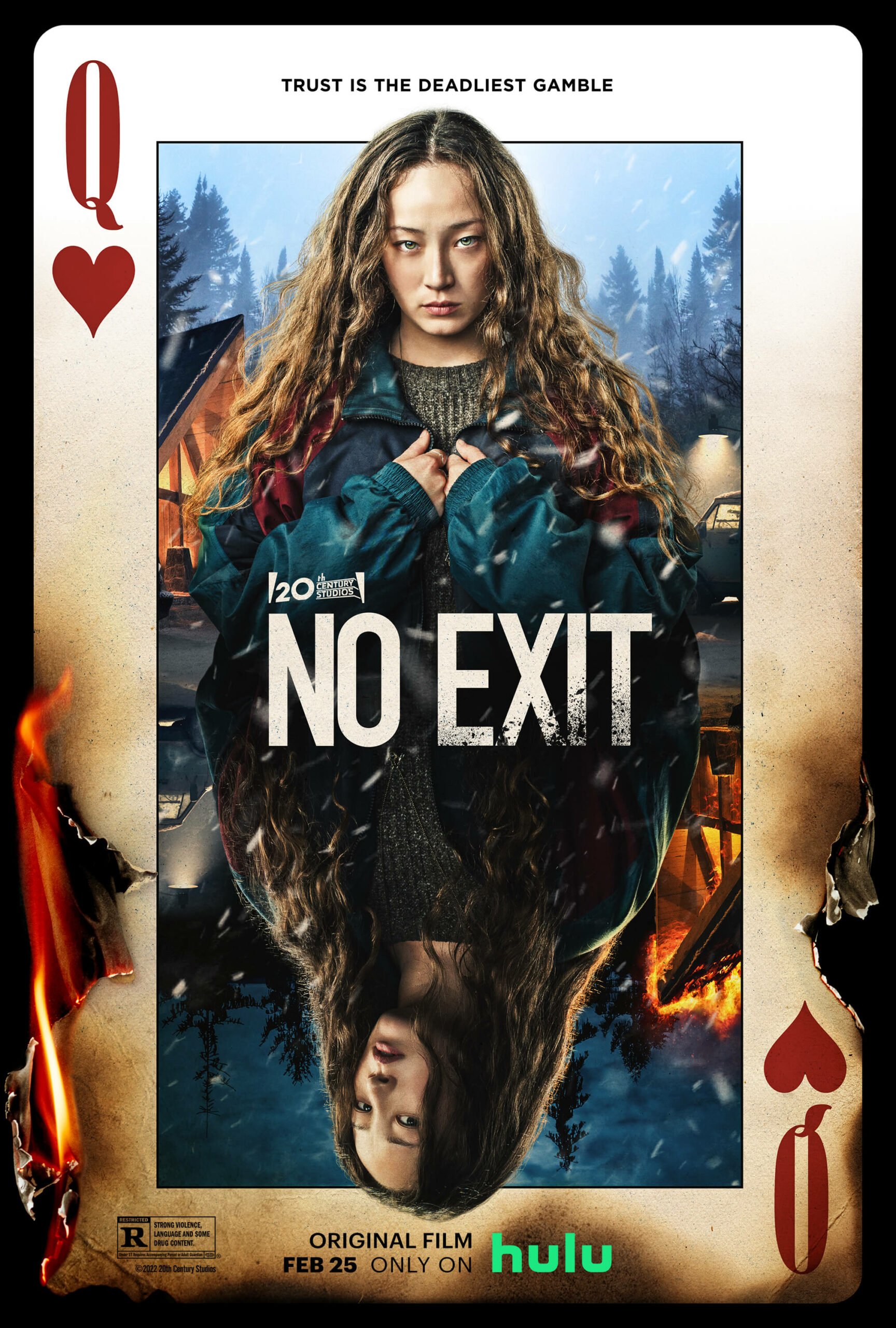 Movie poster for 'No Exit' featuring an adult female with long hair against a snowy, mountainous background, framed within a playing card design.
