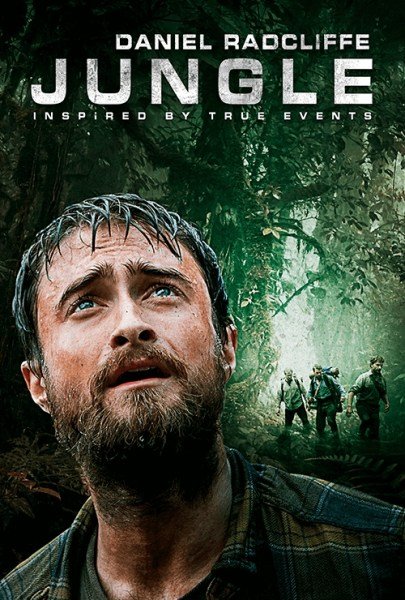 Movie poster for Jungle featuring Daniel Radcliffe in a jungle setting with other people hiking in the background amongst lush foliage.