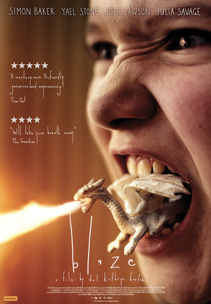 Movie poster for 'Blaze' featuring a person with an angry expression holding a miniature dragon figurine in their mouth with flames.