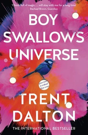 Book cover featuring "Boy Swallows Universe" by Trent Dalton, showcasing a colorful design with a small blue bird perched in the center.