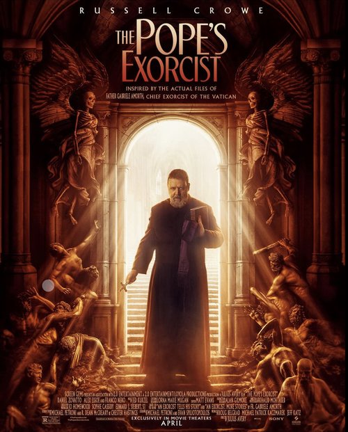 Movie poster for "The Pope's Exorcist" with Russell Crowe as Father Gabriele Amorth, standing on stairs near angel and demon sculptures.