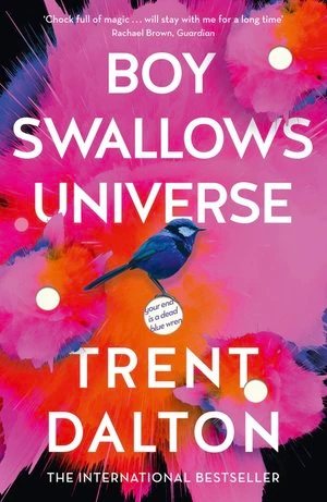 Book cover featuring a small blue bird on an explosion of pink and red watercolor splashes with bold white typography.