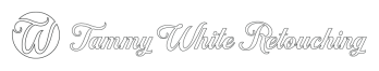Tammy White Retouching logo in white text and monogram on a black background.