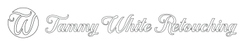 Tammy White Retouching logo in white text and monogram on a black background.