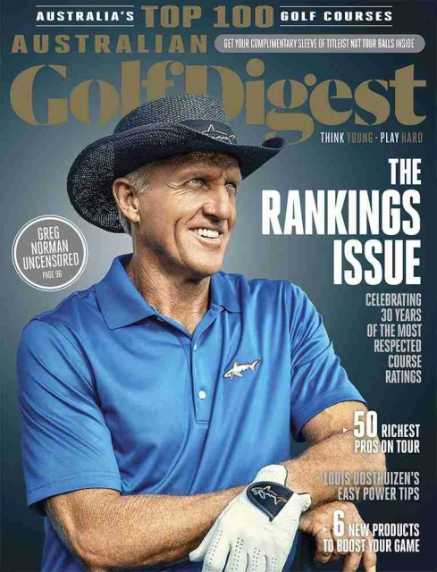 Greg Norman on the cover of Australian Golf Digest. He is wearing a cowboy hat and a blue polo shirt with a shark logo on it.