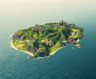 Aerial view of a lush green island surrounded by blue ocean water featuring multiple clustered architectural landmarks