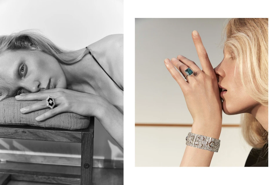 A woman with blonde hair rests on a chair showcasing a black and white ring, and a separate shot highlights a ring and diamond bracelet.