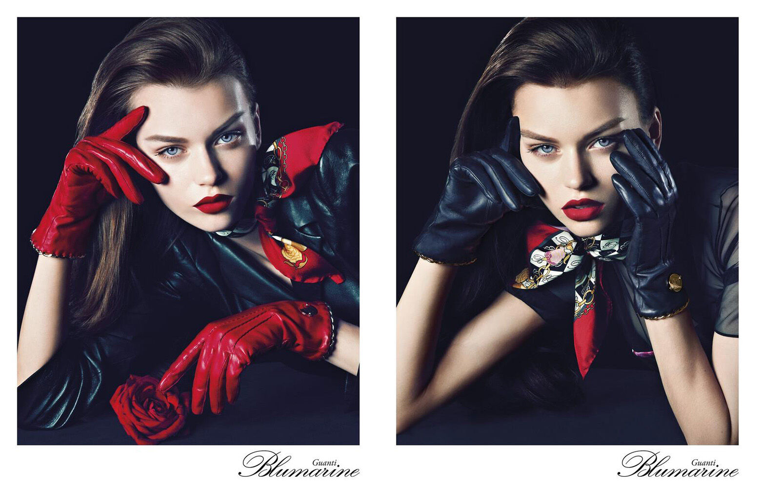 Dual portrait of a woman with bold red lipstick wearing leather gloves and a scarf against a dark backdrop for a fashion ad.