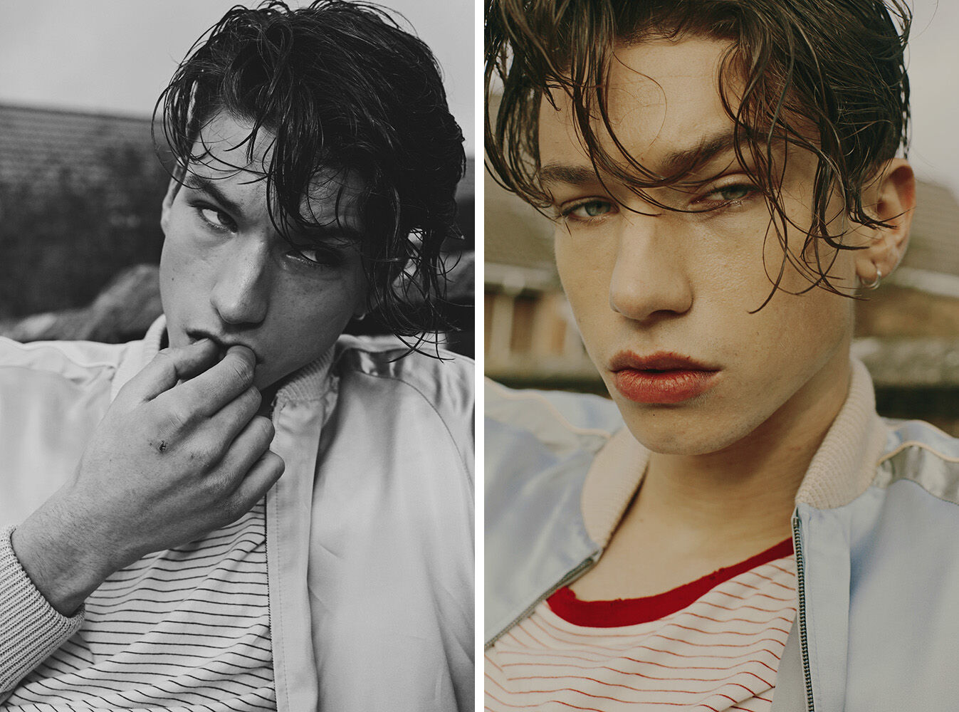 Two-panel portrait showcases a young adult male with styled hair in a striped shirt and jacket, captured in both black and white and color.