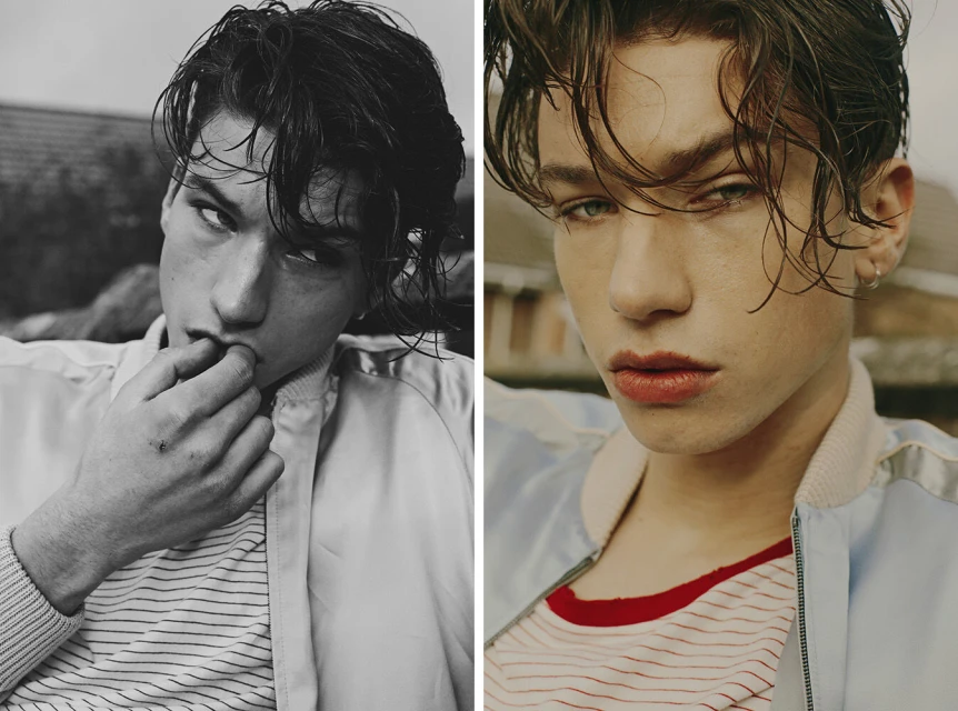 Two-panel portrait showcases a young adult male with styled hair in a striped shirt and jacket, captured in both black and white and color.