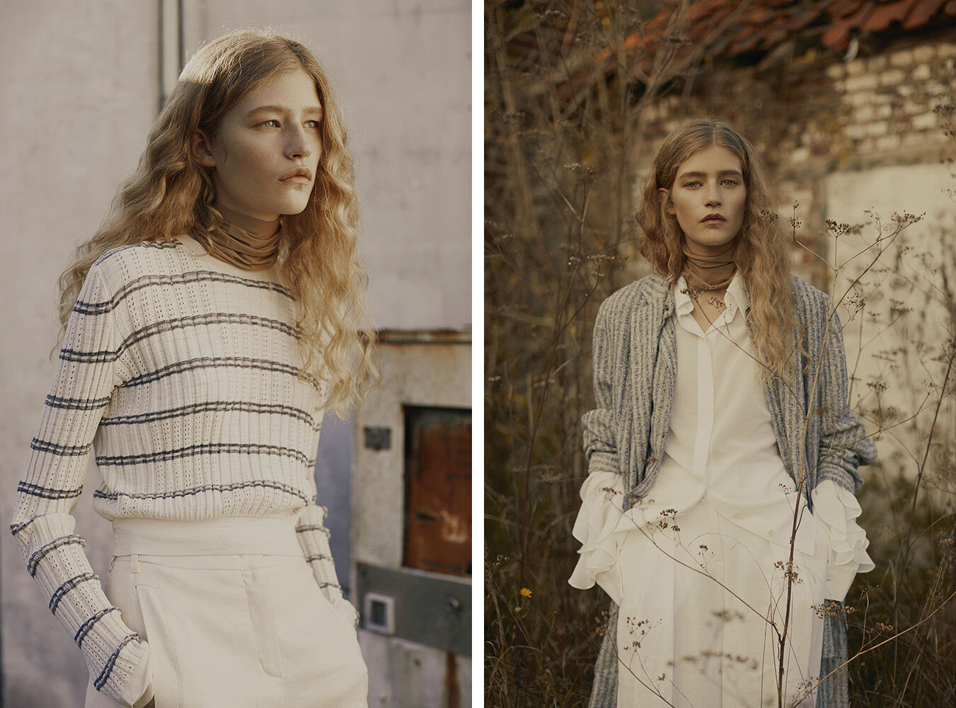 Fashionable blonde woman wears a white sweater and skirt posing outdoors in natural light, with a neutral color palette and editorial style.