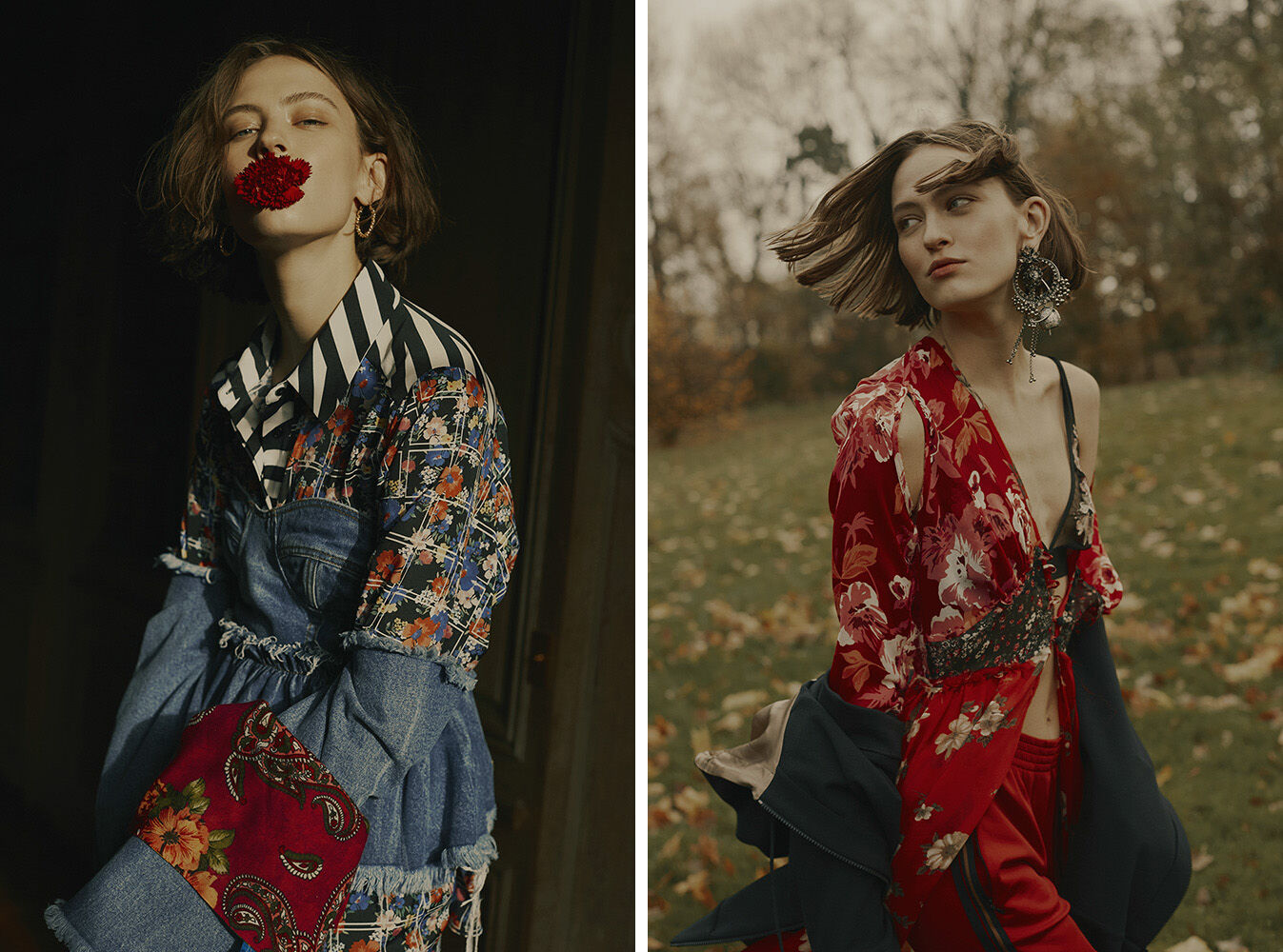 Two images of a woman with short brown hair wearing floral and striped patterned clothing posing in an outdoor and indoor setting.