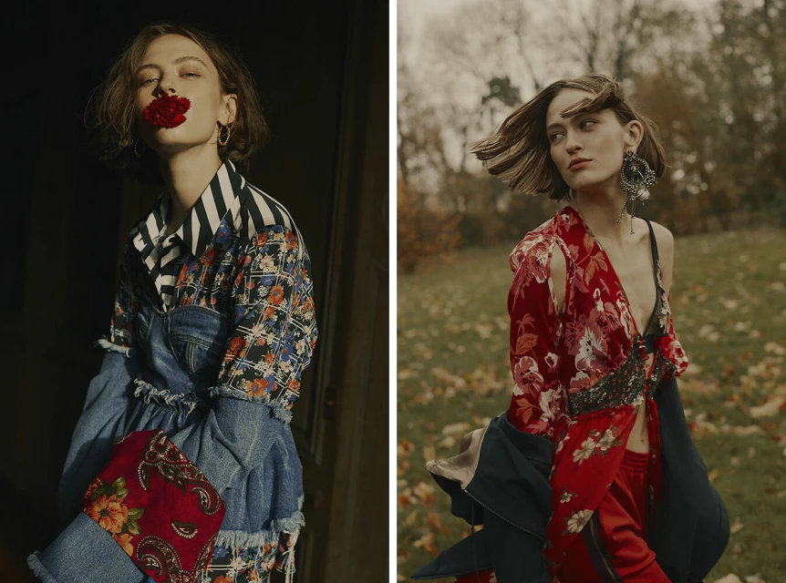 Two images of a woman with short brown hair wearing floral and striped patterned clothing posing in an outdoor and indoor setting.