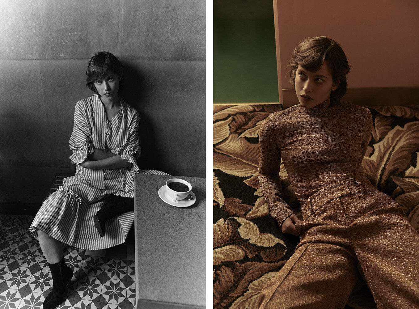 Two split-screen portraits of a woman with short brown hair, one in black and white at a table, the other in color on a floral sofa.