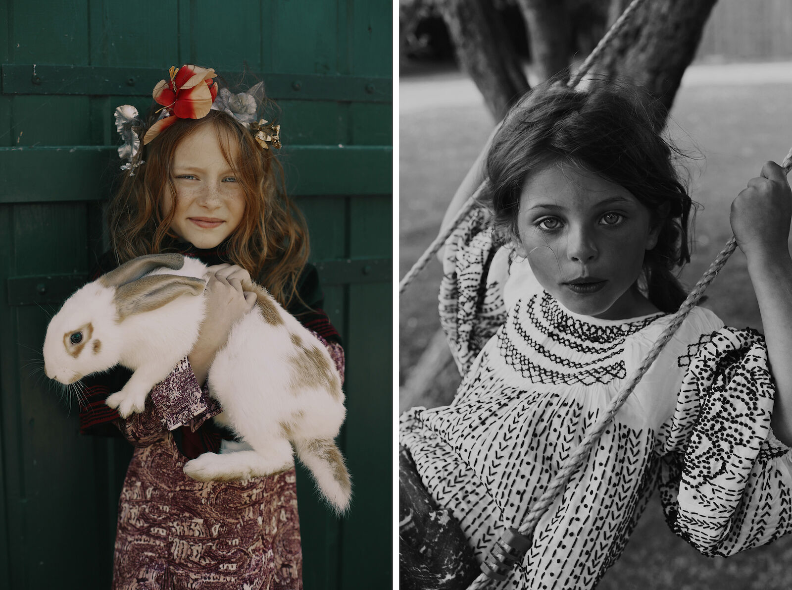 Split-screen portrait of two young girls: one in color holding a rabbit in front of a green door, one in black and white on a swing.