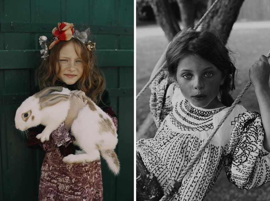 Split-screen portrait of two young girls: one in color holding a rabbit in front of a green door, one in black and white on a swing.