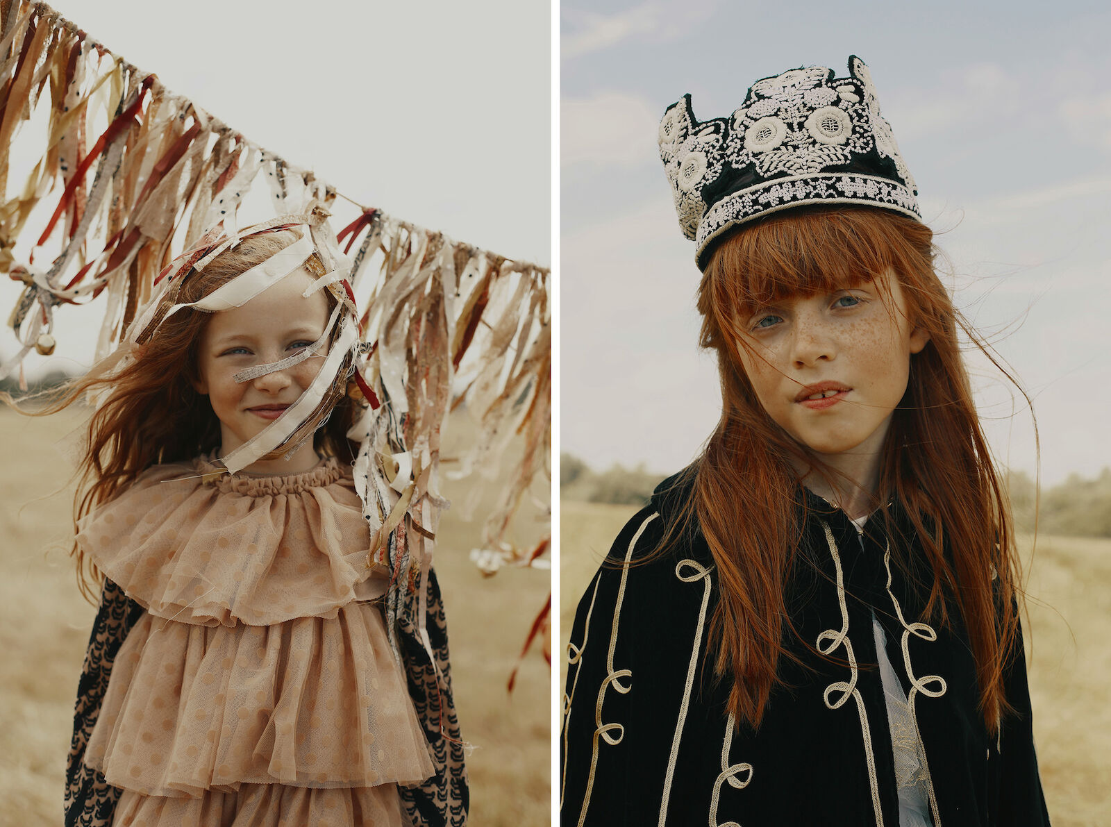 Split view of two young girls with red hair in a grassy field, one wearing ribbons and the other a fancy crown.
