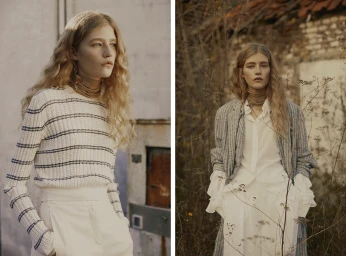 Two-panel fashion portrait featuring a female model with long blonde wavy hair wearing knitwear and layered clothing outdoors.