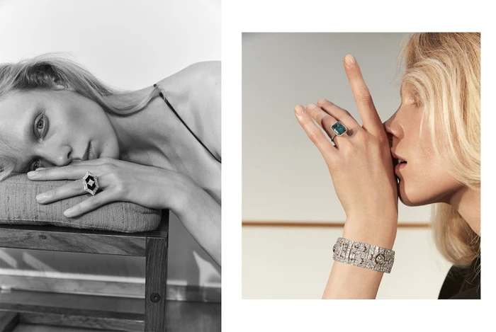 Diptych of a blonde woman wearing diamond jewellery including a large gemstone ring and wide bracelet, makeup by Laure Dansou.
