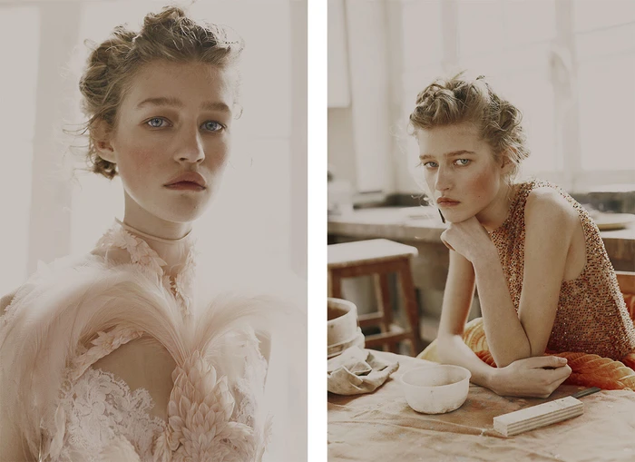 Diptych portrait of a young female model with updo hair styling and soft pink makeup in a light-filled interior