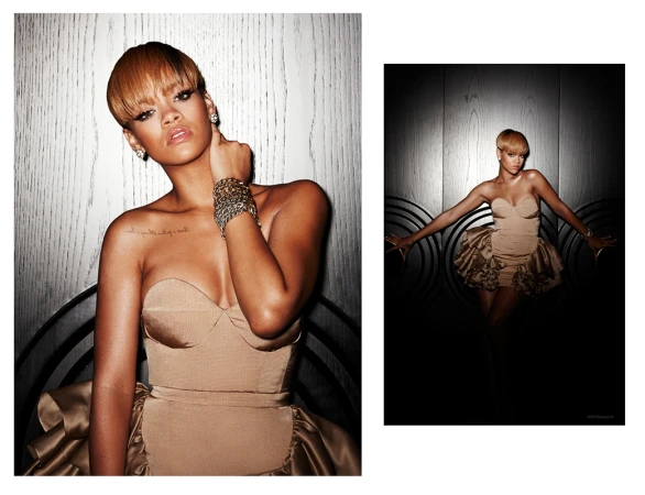 Close-up portrait of a woman with short blonde hair in a strapless golden dress, posing against a wall with dark wood panels and dim lighting.