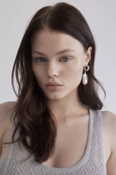 Close-up portrait of a woman with long dark hair wearing a grey knit top and a pearl drop earring against a plain background
