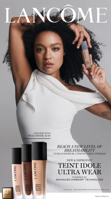 Glamorous woman poses in a beauty ad for Lancôme Teint Idole Ultra Wear foundation, presented in multiple shades with product label text.