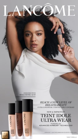 Glamorous woman poses in a beauty ad for Lancôme Teint Idole Ultra Wear foundation, presented in multiple shades with product label text.