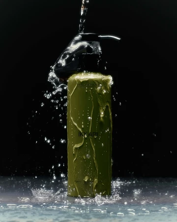 A product shot of a green pump bottle of shampoo being sprayed with water against a dark backdrop, creating splashes of water.