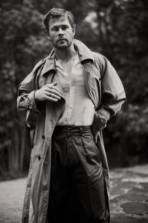 Black and white portrait of Chris Hemsworth in a trench coat against an outdoor background with foliage and soft, diffused lighting.