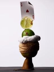 Balanced stack of lime halves, foam, and an ace of hearts playing card against a plain white studio backdrop.