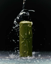 An olive green pump bottle splashed with water against a dark background, produced by Johanna Sinclair.