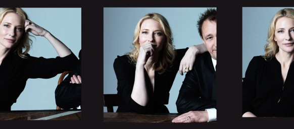 Triptych portrait of Cate Blanchett and a man seated at a wooden table against a pale background by Jason Capobianco