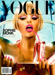 Sophie Monk on Vogue Australia magazine cover wearing a red top with pink lipstick and holding a soda can with a pink straw.