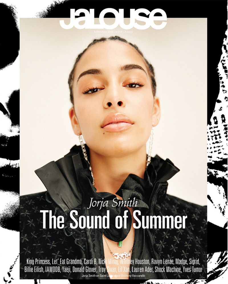 Jorja Smith, a singer, is featured on the cover of Jalouse Magazine. She is wearing a black jacket and silver earrings in the portrait.