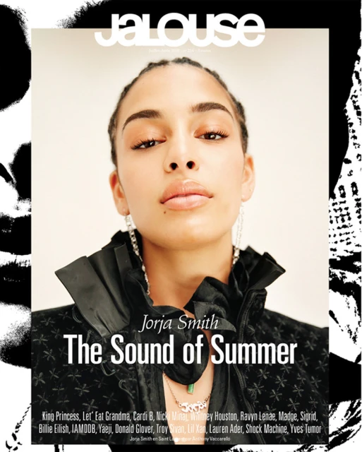 Jorja Smith, a singer, is featured on the cover of Jalouse Magazine. She is wearing a black jacket and silver earrings in the portrait.
