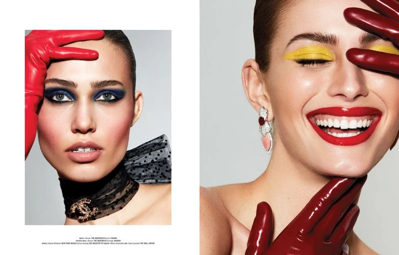 Close-up beauty shots of a fair-skinned female adult with bold yellow and blue eye shadow and red lipstick, wearing red gloves.