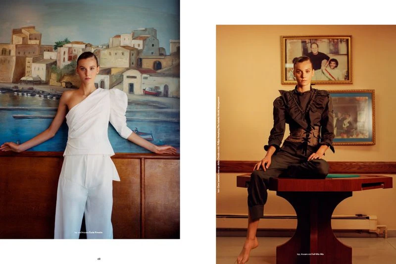 Two photos showcase the same young adult woman. On the left, she wears a white one-shoulder top and pants, leaning against a wood partition. On the right, she sits on a desk in a dark top and pants.