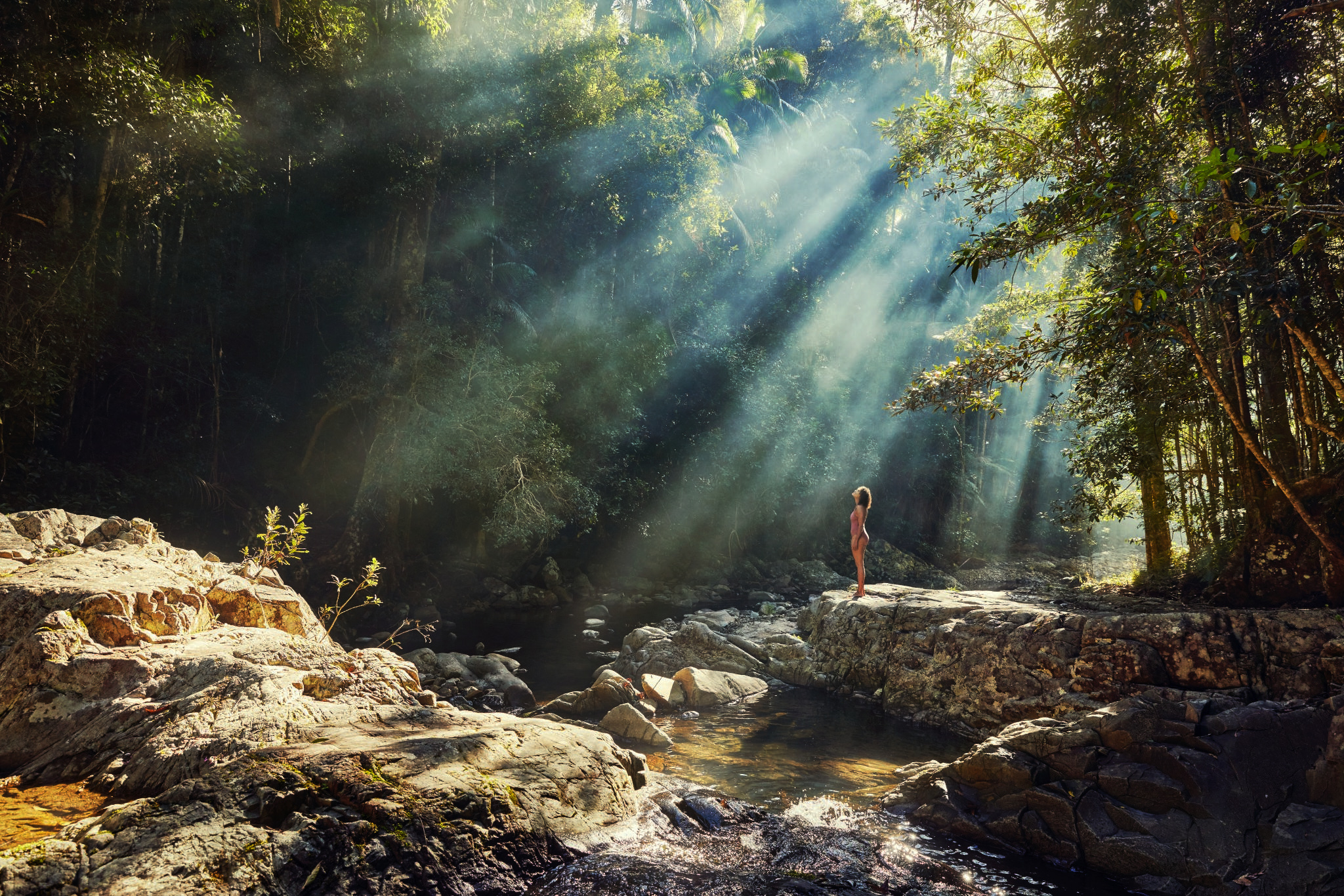 Woman standing on rocks near a stream in a forest illuminated by sunbeams streaming through trees creating a serene, natural scene.