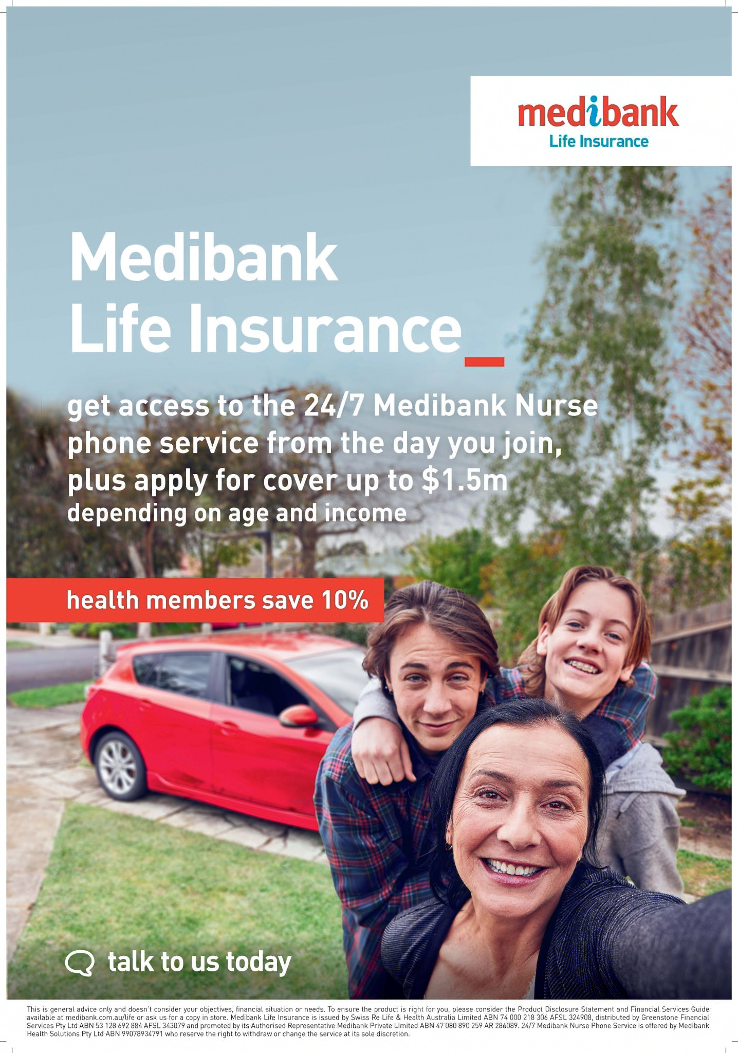 A family of three poses for a selfie near a red car, advertising Medibank Life Insurance with text about nurse phone service access.