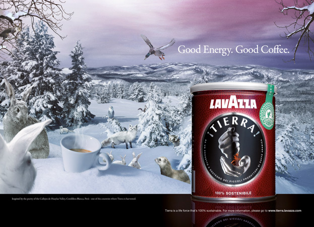 Lavazza Tierra coffee tin in a snowy mountain landscape with rabbits, foxes, owl, and a flying duck with the text 'Good Energy. Good Coffee.'