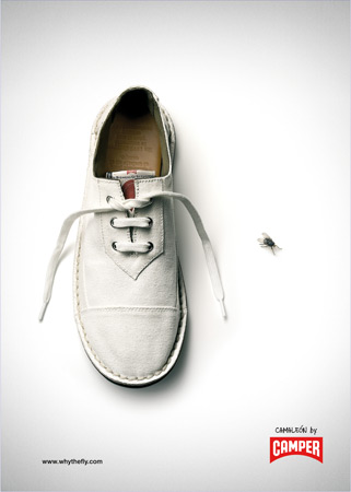Camper shoe advertising the brand, displayed on a white background, next to a fly for a humorous effect, with visible branding.