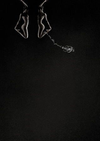 Striking studio portrait featuring two nude adult females in graceful poses against a dark background with logo and text details.
